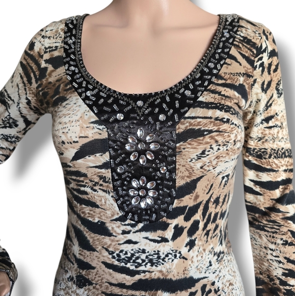 HEARTBEAT Women's Multicolored Animal Print Rhinestone Embellishment Tunic Dress - Picture 10 of 16